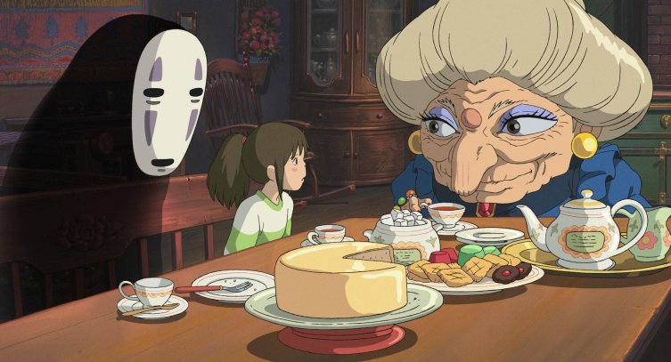 Chihiro, Zeniba and No-Face discuss things over tea in Spirited Away