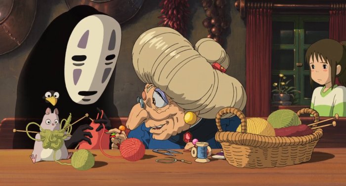 Boh, Kaonashi and Yubaba's harpy servant weave a hair band in Zeniba's cabin at the end of Spirited Away
