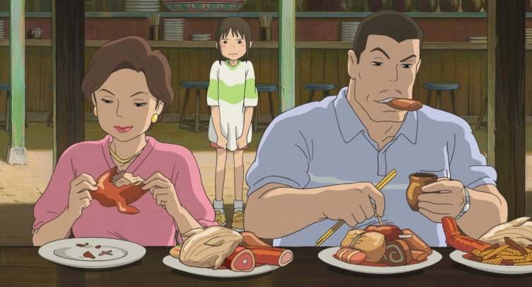 Chihiro's parents breaking the taboo of not eating in the underworld in Spirited Away