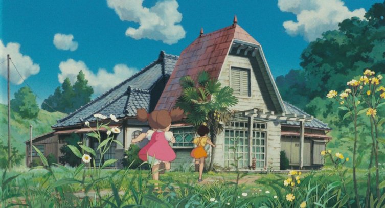 Mei and Satsuki running towards the house for the first time in My Neighbour Totoro